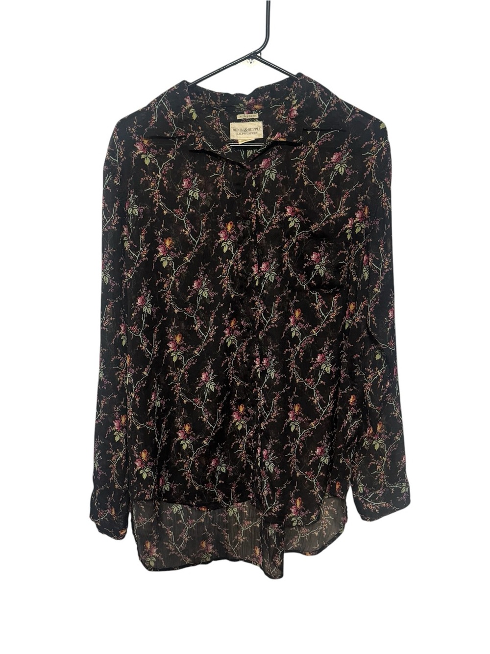 Ralph Lauren Black Floral Button-Up Blouse with Pink & Green Accent
